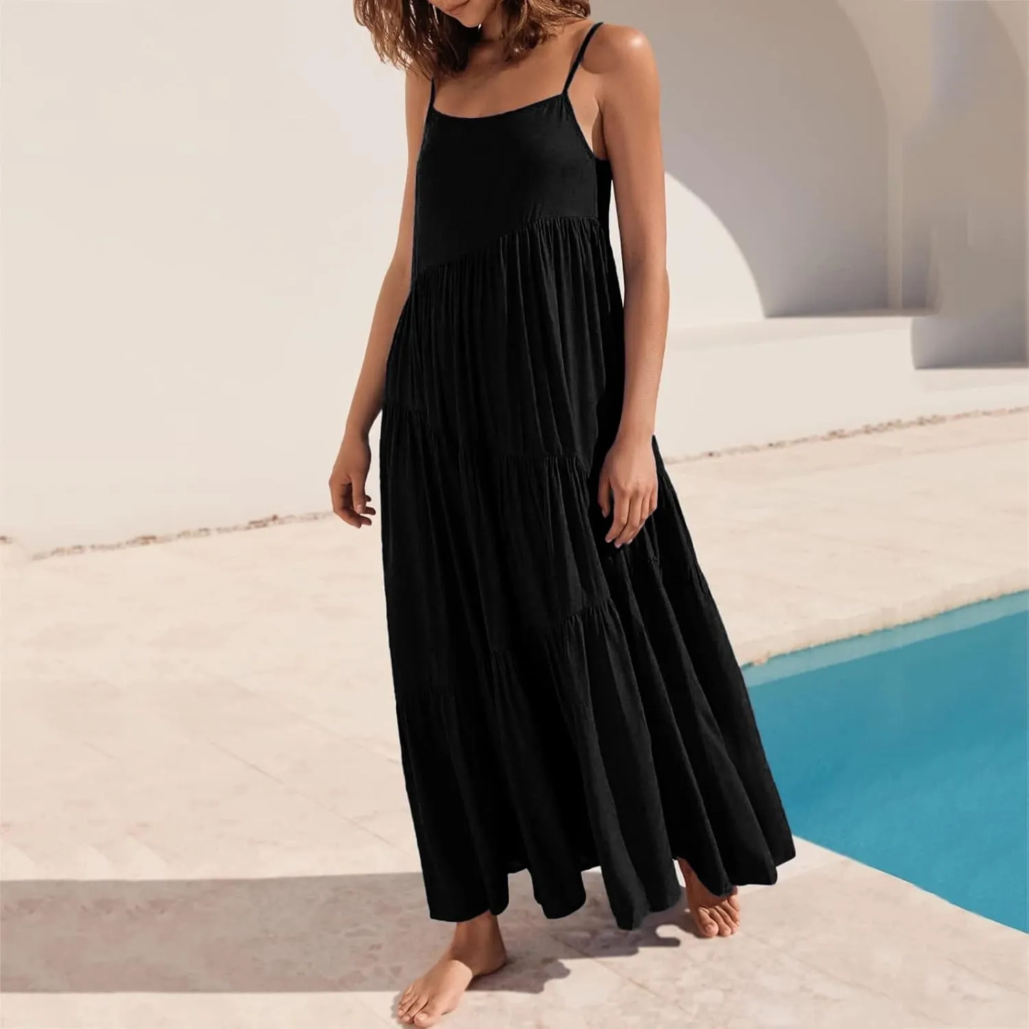 Women's Summer Casual Loose Sleeveless Spaghetti Strap Sundresses Asymmetric Tiered Swing Beach Maxi Long Dress