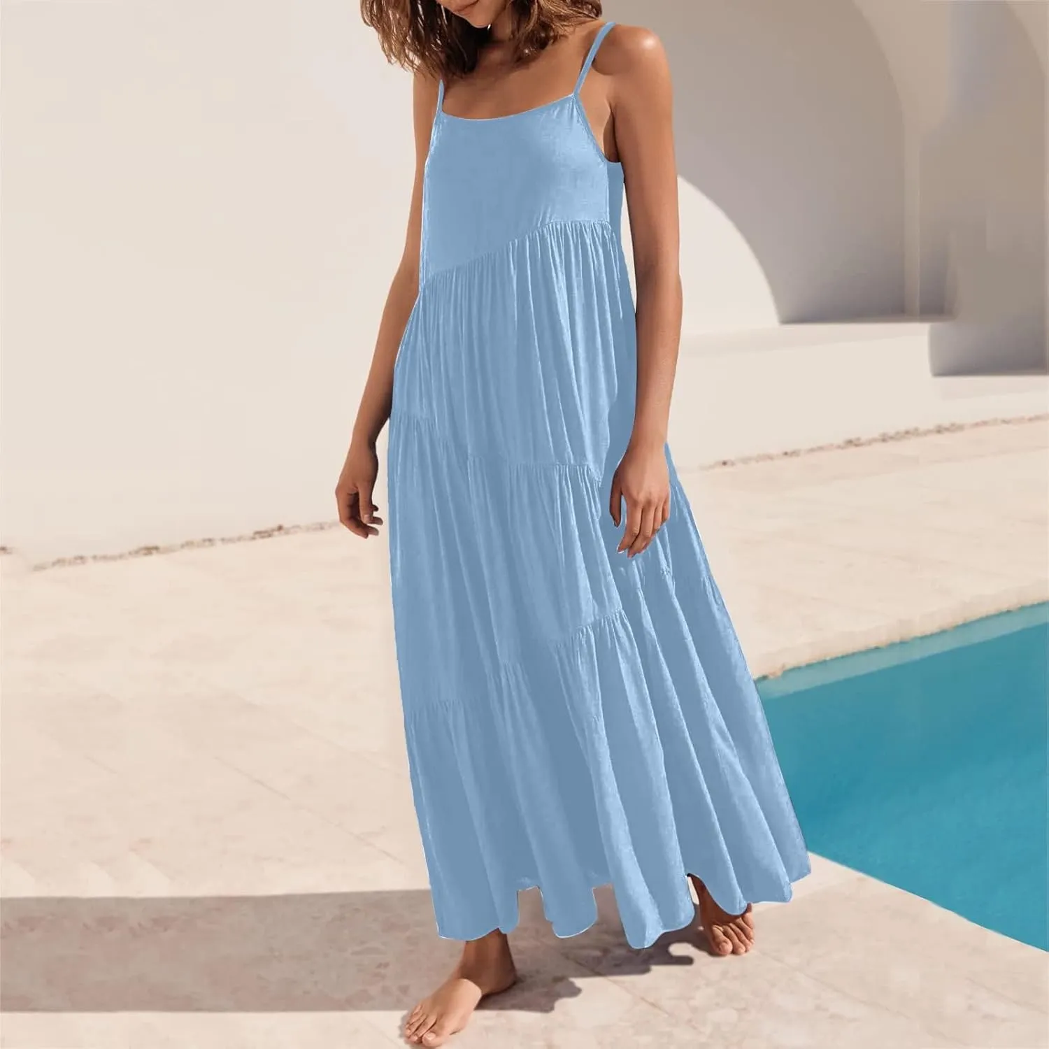 Women's Summer Casual Loose Sleeveless Spaghetti Strap Sundresses Asymmetric Tiered Swing Beach Maxi Long Dress