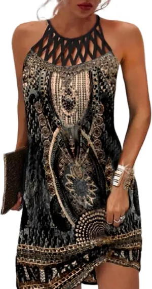 Womens Summer Fashion Vintage Halter Short Dress Crochet Hollow Out Sundresses Boho Floral Geometric Beach Dresses for Women