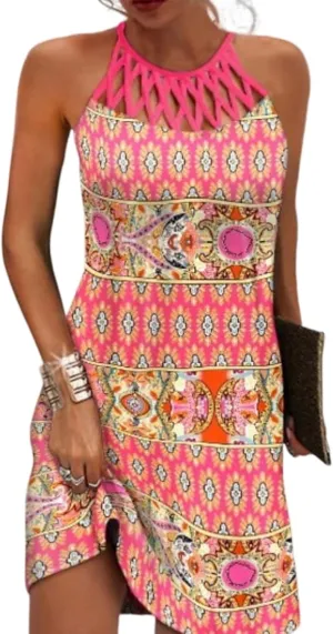 Womens Summer Fashion Vintage Halter Short Dress Crochet Hollow Out Sundresses Boho Floral Geometric Beach Dresses for Women