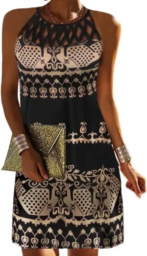 Womens Summer Fashion Vintage Halter Short Dress Crochet Hollow Out Sundresses Boho Floral Geometric Beach Dresses for Women