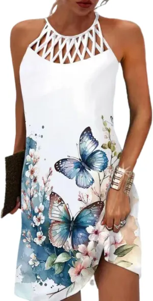 Womens Summer Fashion Vintage Halter Short Dress Crochet Hollow Out Sundresses Boho Floral Geometric Beach Dresses for Women