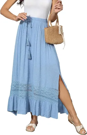 Women's Summer Maxi Skirt Elastic High Waist Boho Beach Skirt A Line Long Skirt Lace Trim Flowy Long Skirt