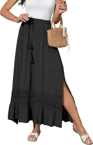 Women's Summer Maxi Skirt Elastic High Waist Boho Beach Skirt A Line Long Skirt Lace Trim Flowy Long Skirt