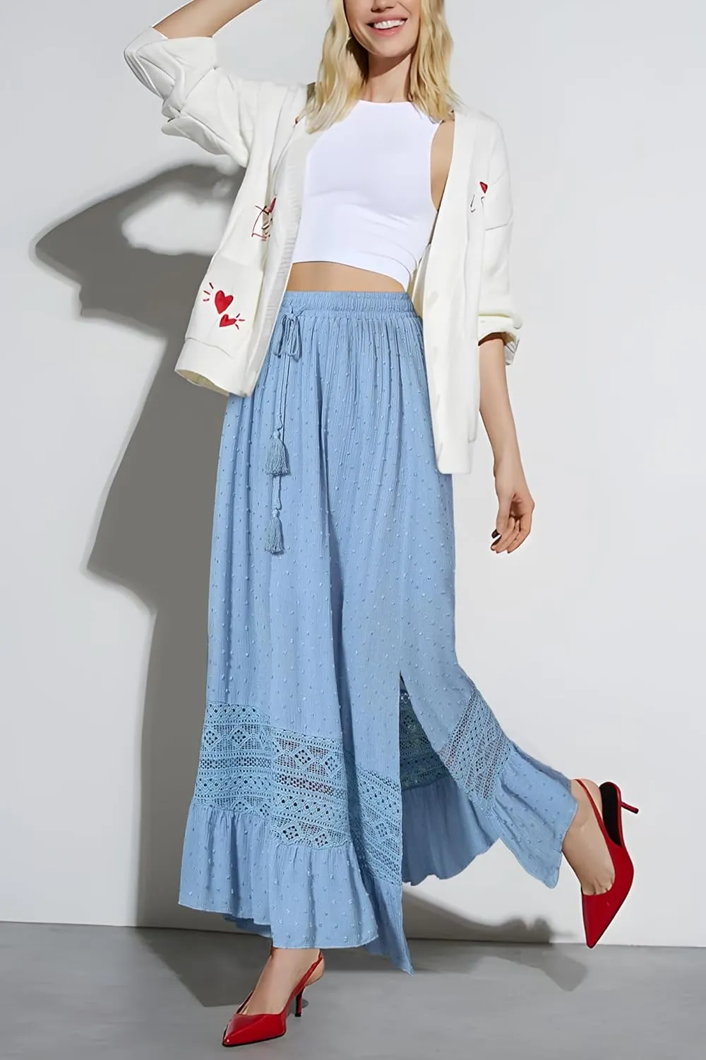 Women's Summer Maxi Skirt Elastic High Waist Boho Beach Skirt A Line Long Skirt Lace Trim Flowy Long Skirt