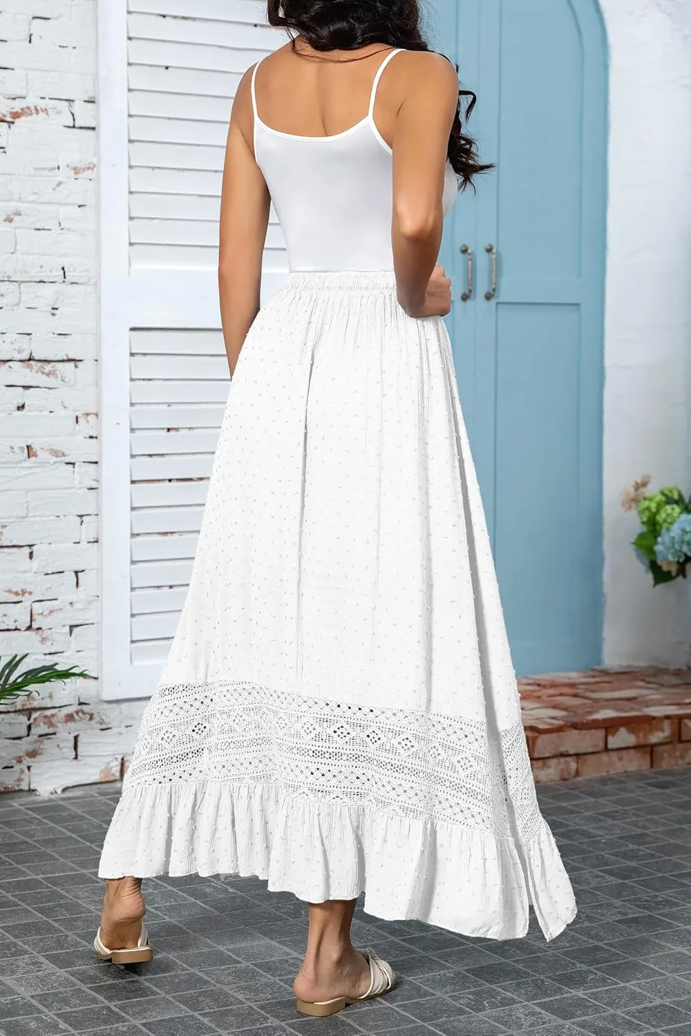 Women's Summer Maxi Skirt Elastic High Waist Boho Beach Skirt A Line Long Skirt Lace Trim Flowy Long Skirt