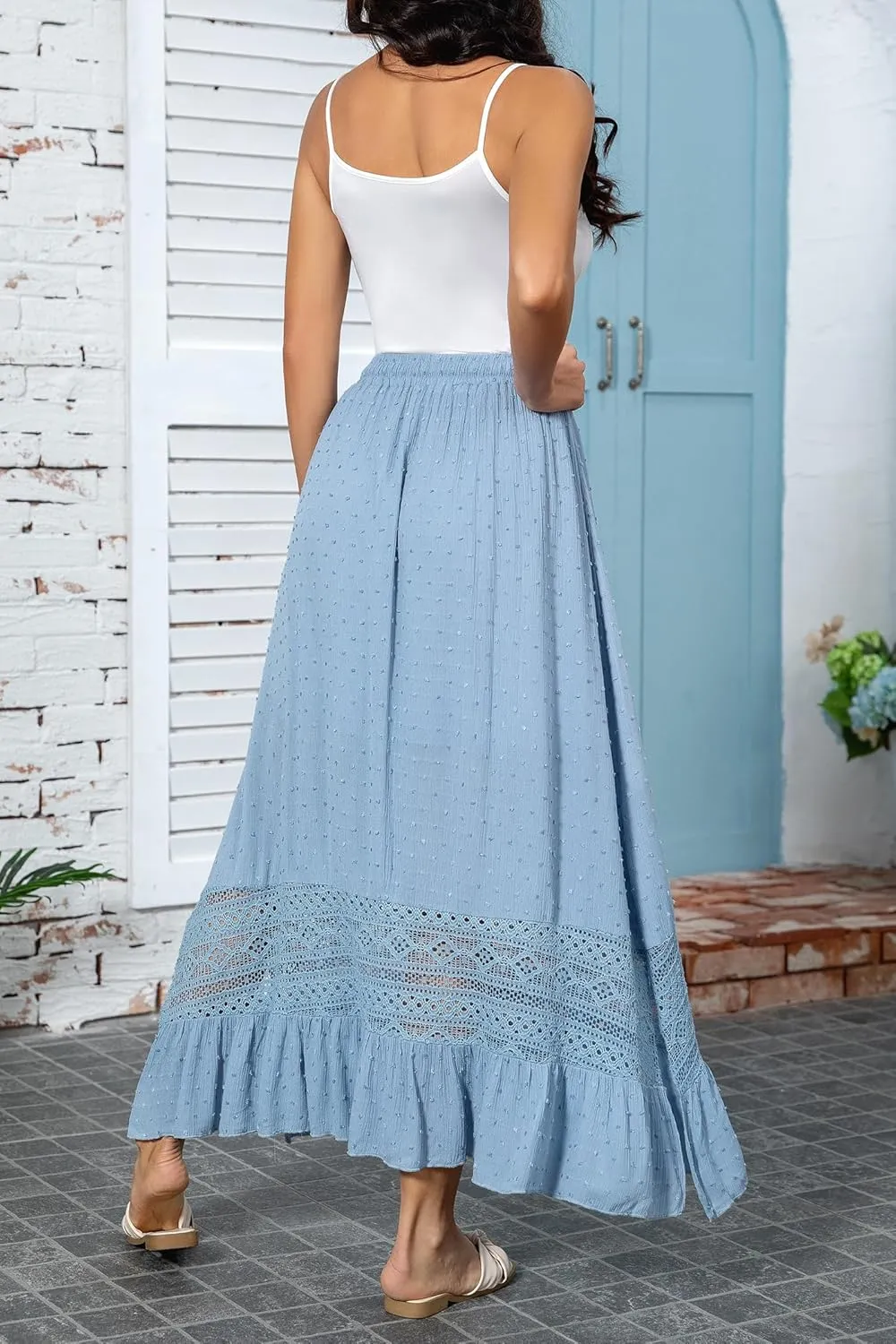 Women's Summer Maxi Skirt Elastic High Waist Boho Beach Skirt A Line Long Skirt Lace Trim Flowy Long Skirt