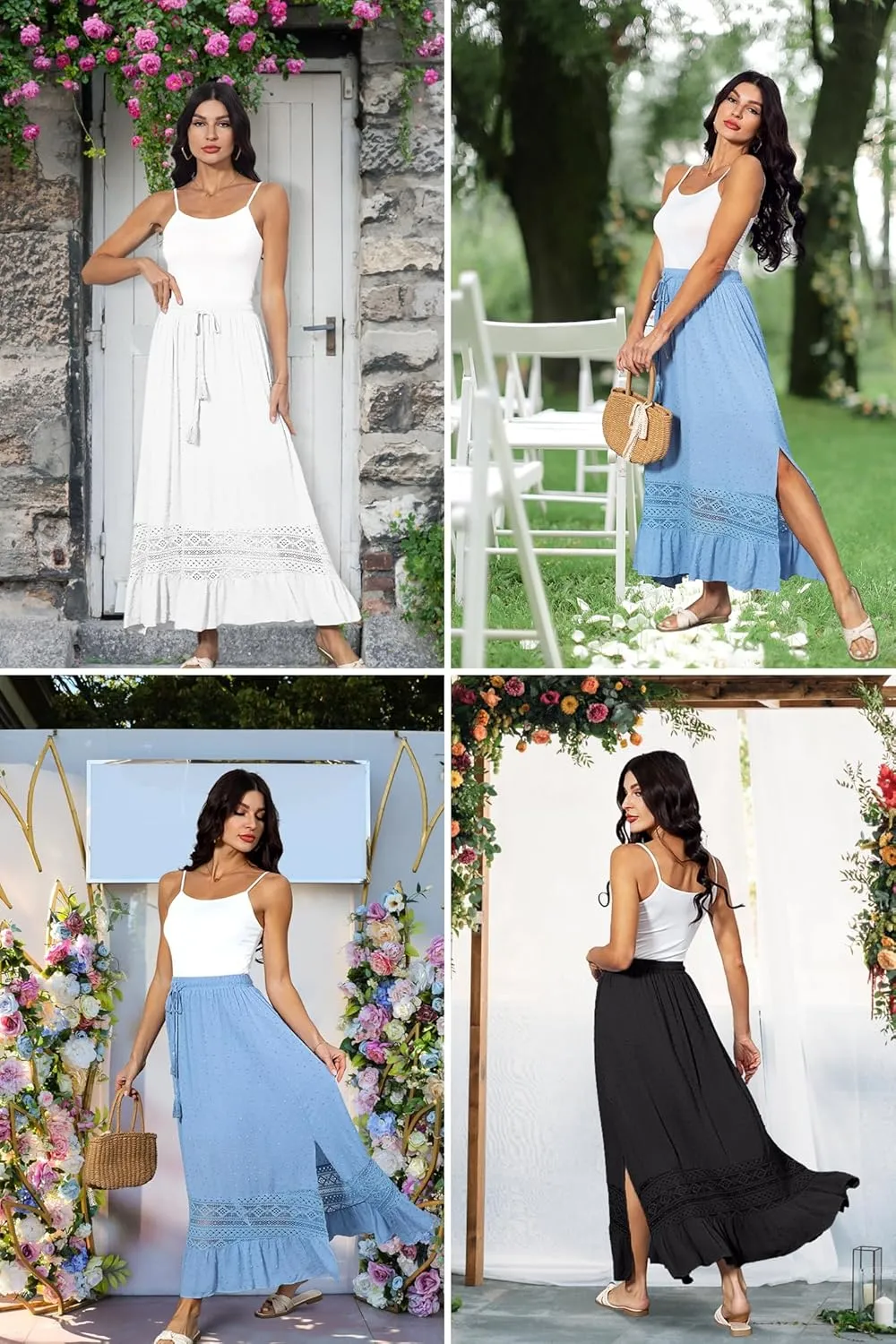 Women's Summer Maxi Skirt Elastic High Waist Boho Beach Skirt A Line Long Skirt Lace Trim Flowy Long Skirt