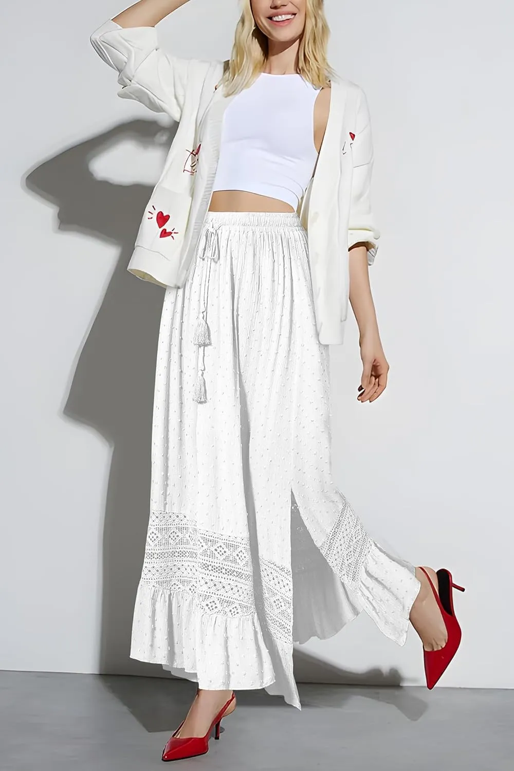 Women's Summer Maxi Skirt Elastic High Waist Boho Beach Skirt A Line Long Skirt Lace Trim Flowy Long Skirt