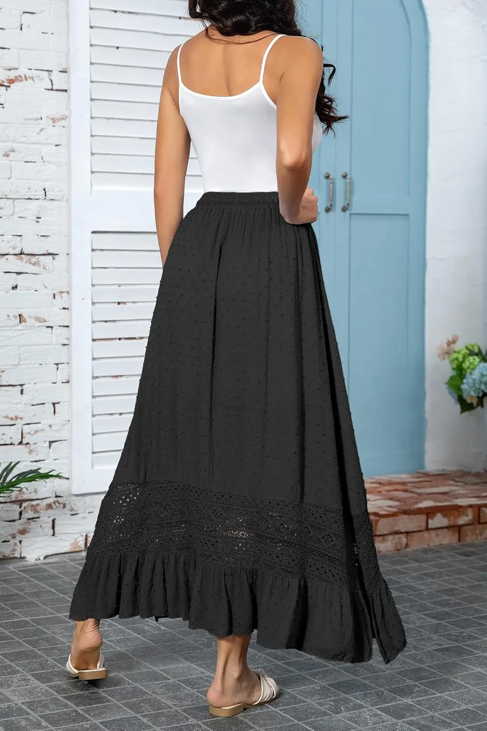 Women's Summer Maxi Skirt Elastic High Waist Boho Beach Skirt A Line Long Skirt Lace Trim Flowy Long Skirt