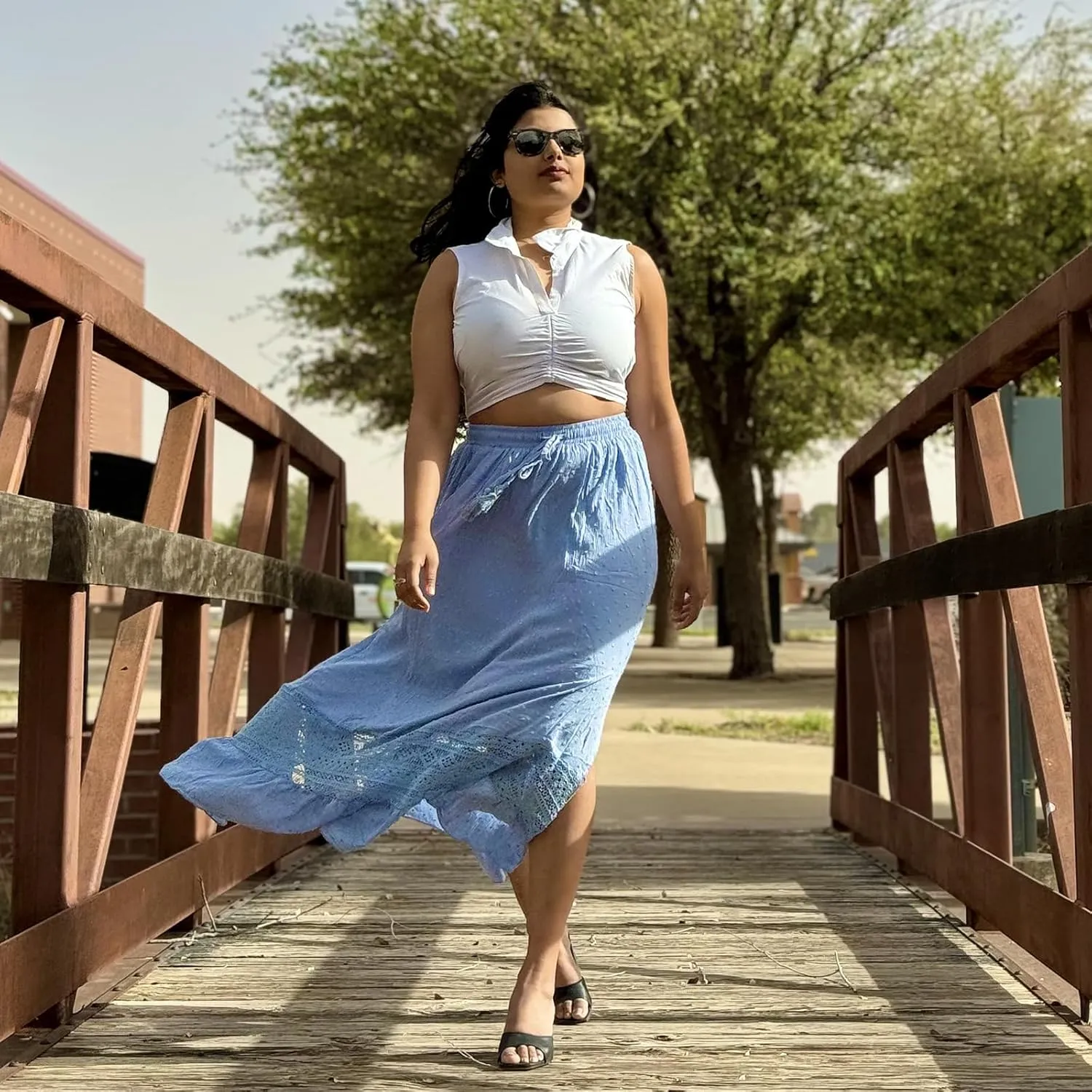 Women's Summer Maxi Skirt Elastic High Waist Boho Beach Skirt A Line Long Skirt Lace Trim Flowy Long Skirt