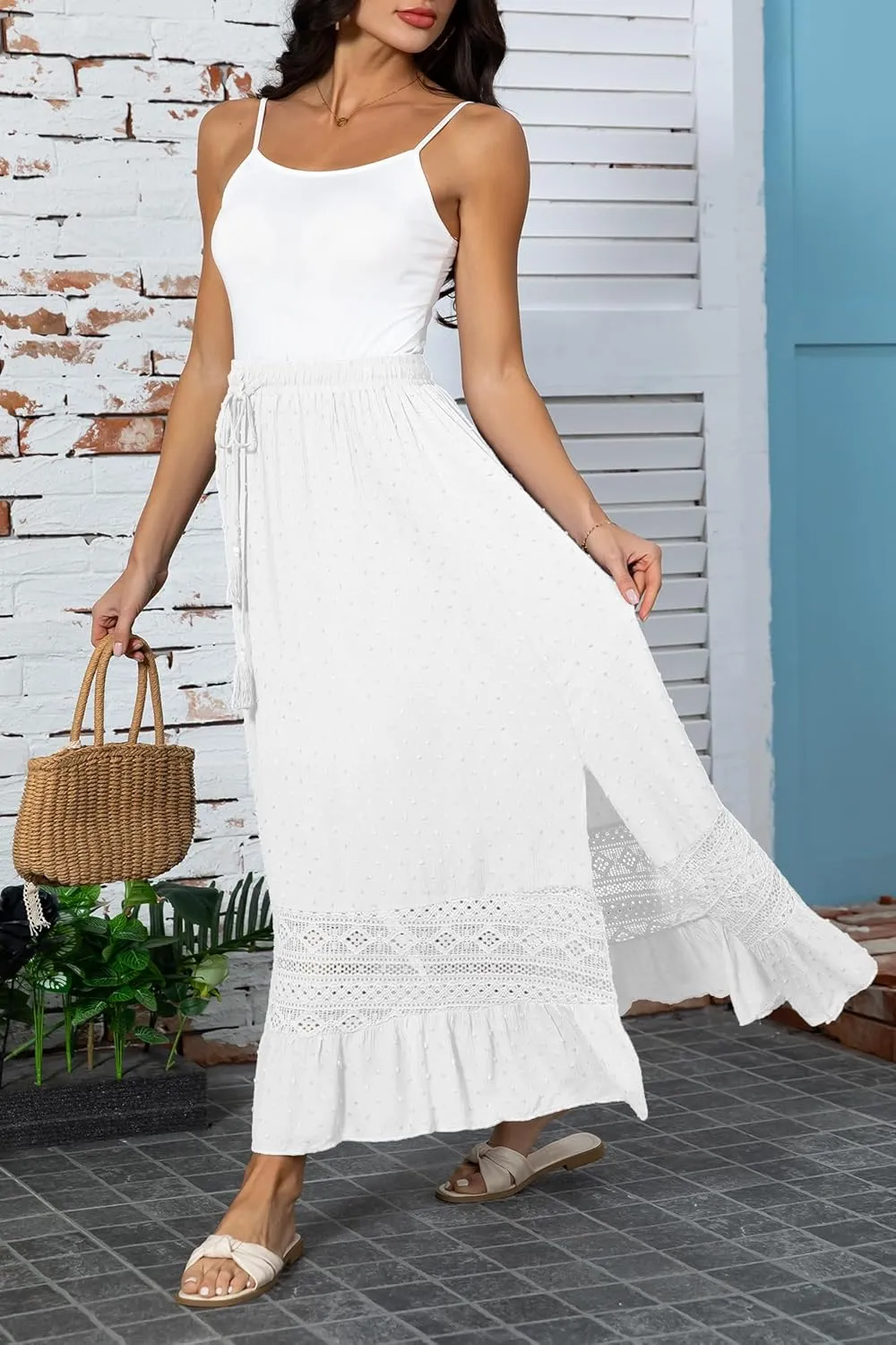 Women's Summer Maxi Skirt Elastic High Waist Boho Beach Skirt A Line Long Skirt Lace Trim Flowy Long Skirt