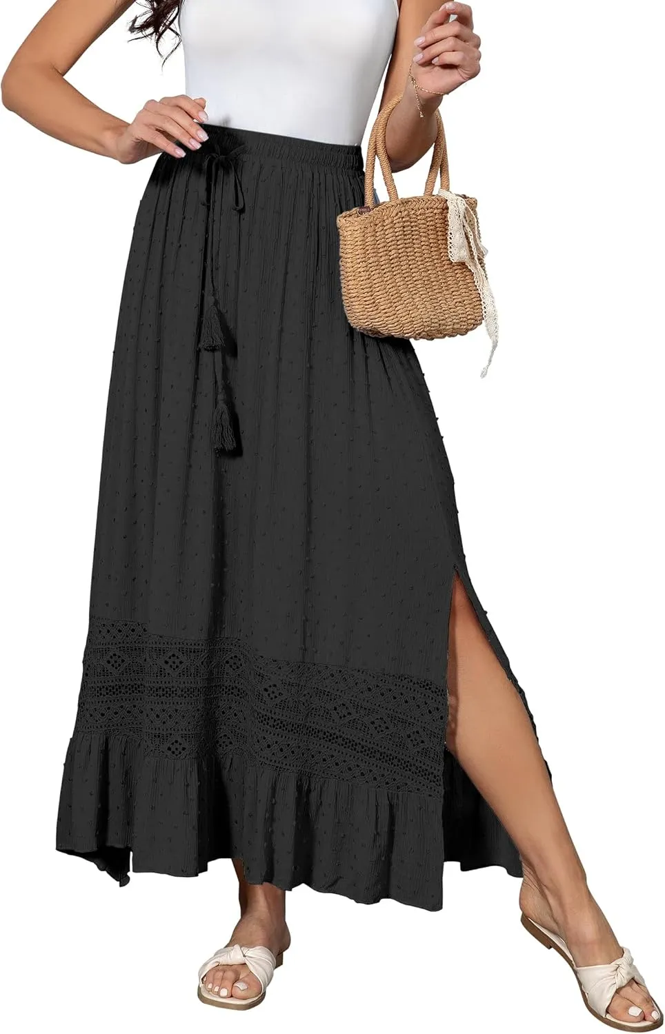 Women's Summer Maxi Skirt Elastic High Waist Boho Beach Skirt A Line Long Skirt Lace Trim Flowy Long Skirt