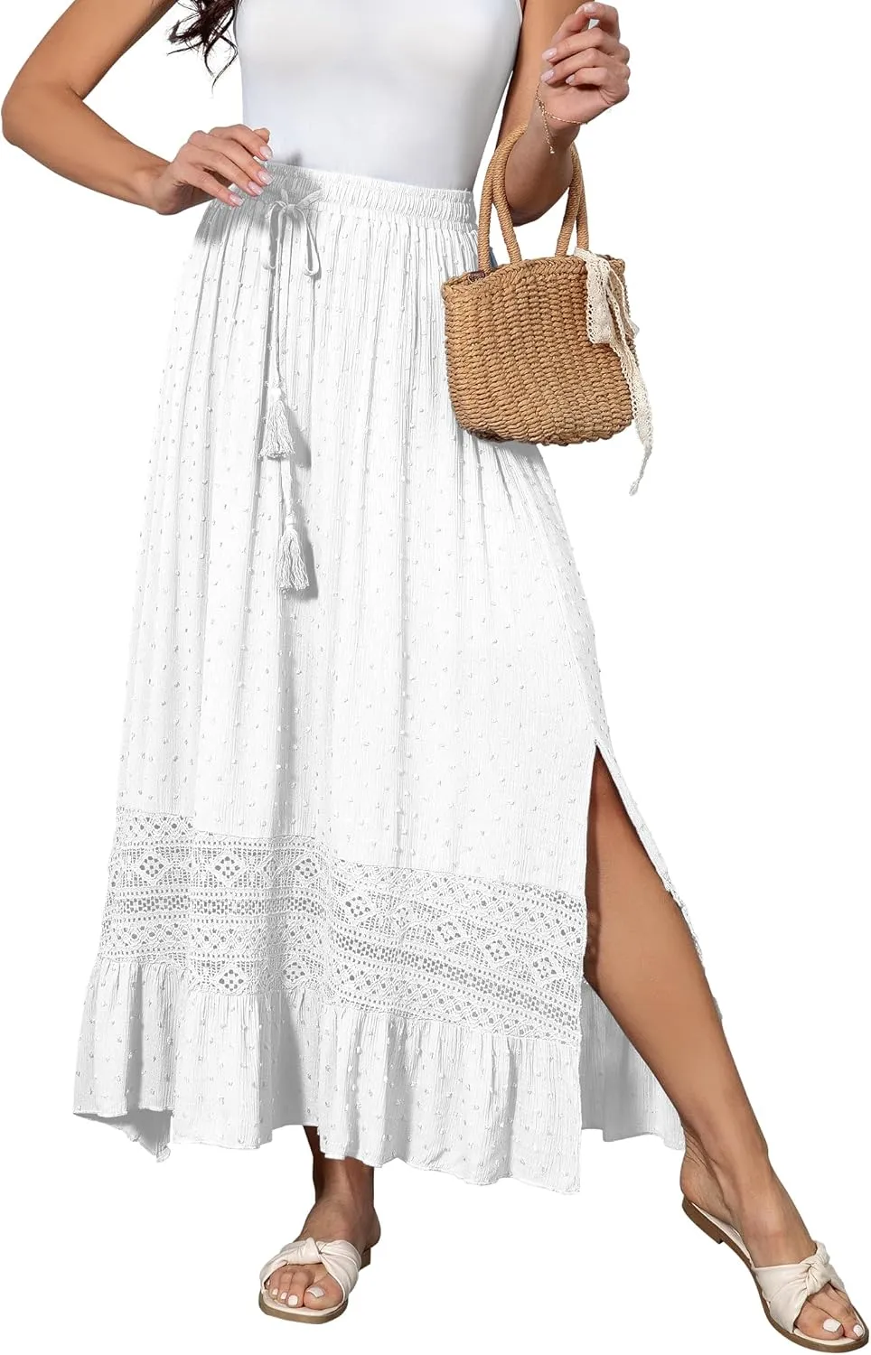 Women's Summer Maxi Skirt Elastic High Waist Boho Beach Skirt A Line Long Skirt Lace Trim Flowy Long Skirt