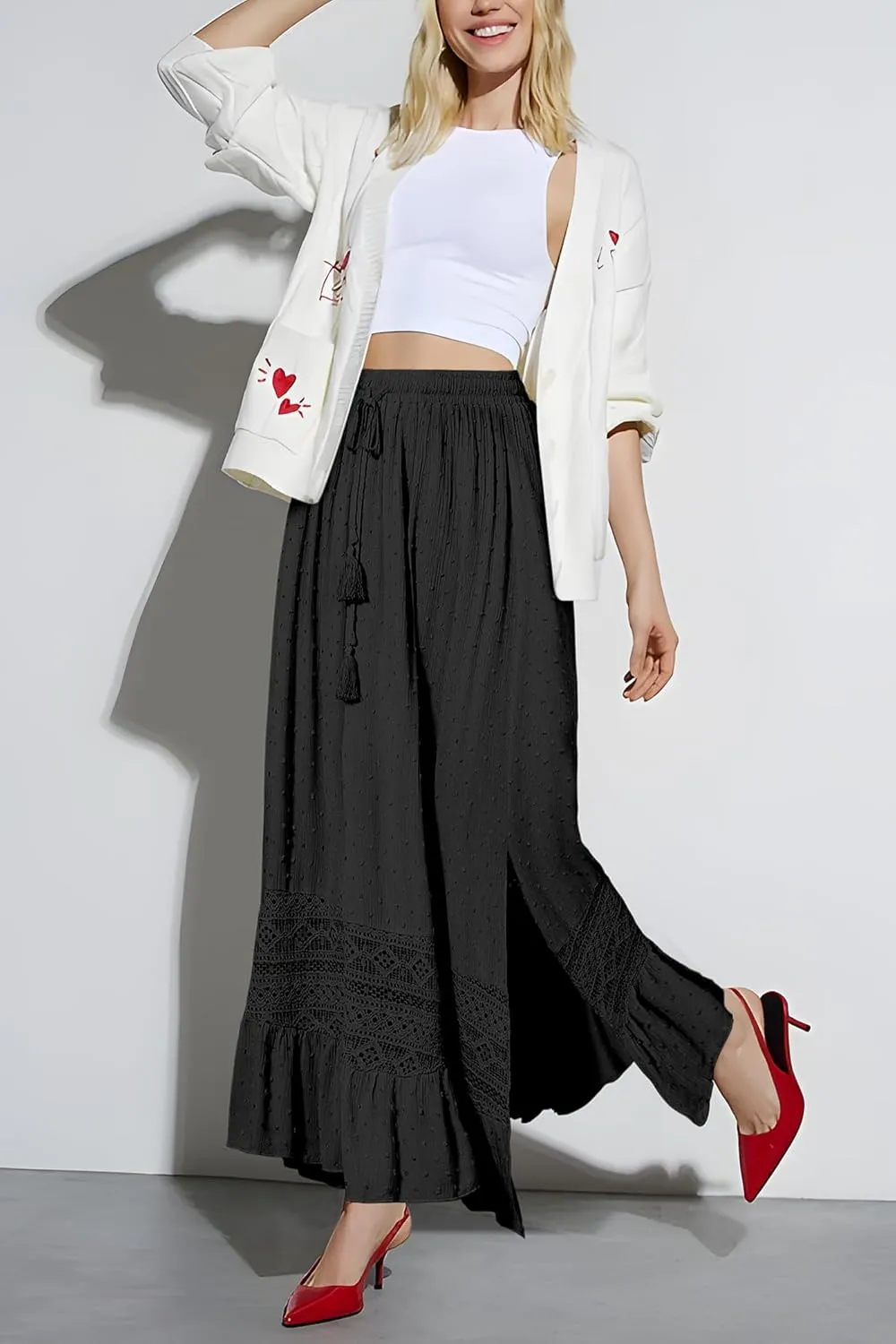 Women's Summer Maxi Skirt Elastic High Waist Boho Beach Skirt A Line Long Skirt Lace Trim Flowy Long Skirt