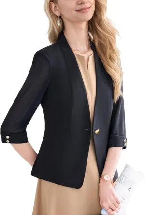Women's Summer Mid Sleeved Collarless Single Button Suit Slightly Transparent and Breathable Lightweight Blazer for Women