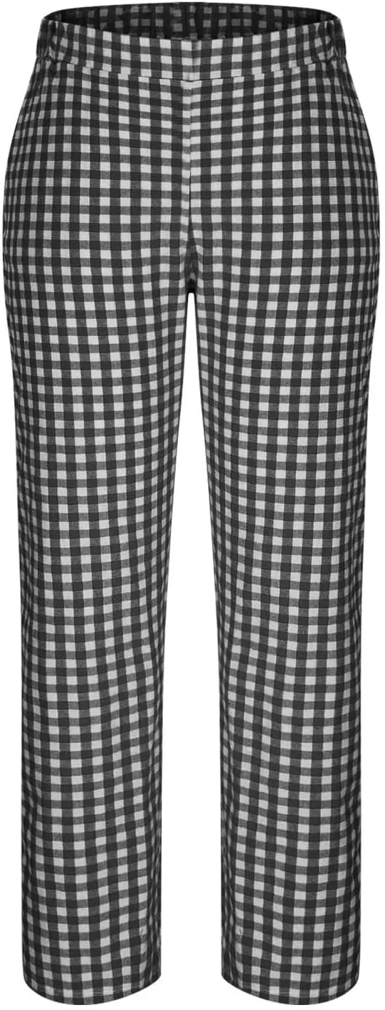 Womens Summer Pants Casual Cotton Linen Checkered Straight Leg Pants Loose Fit Work Business Long Trousers