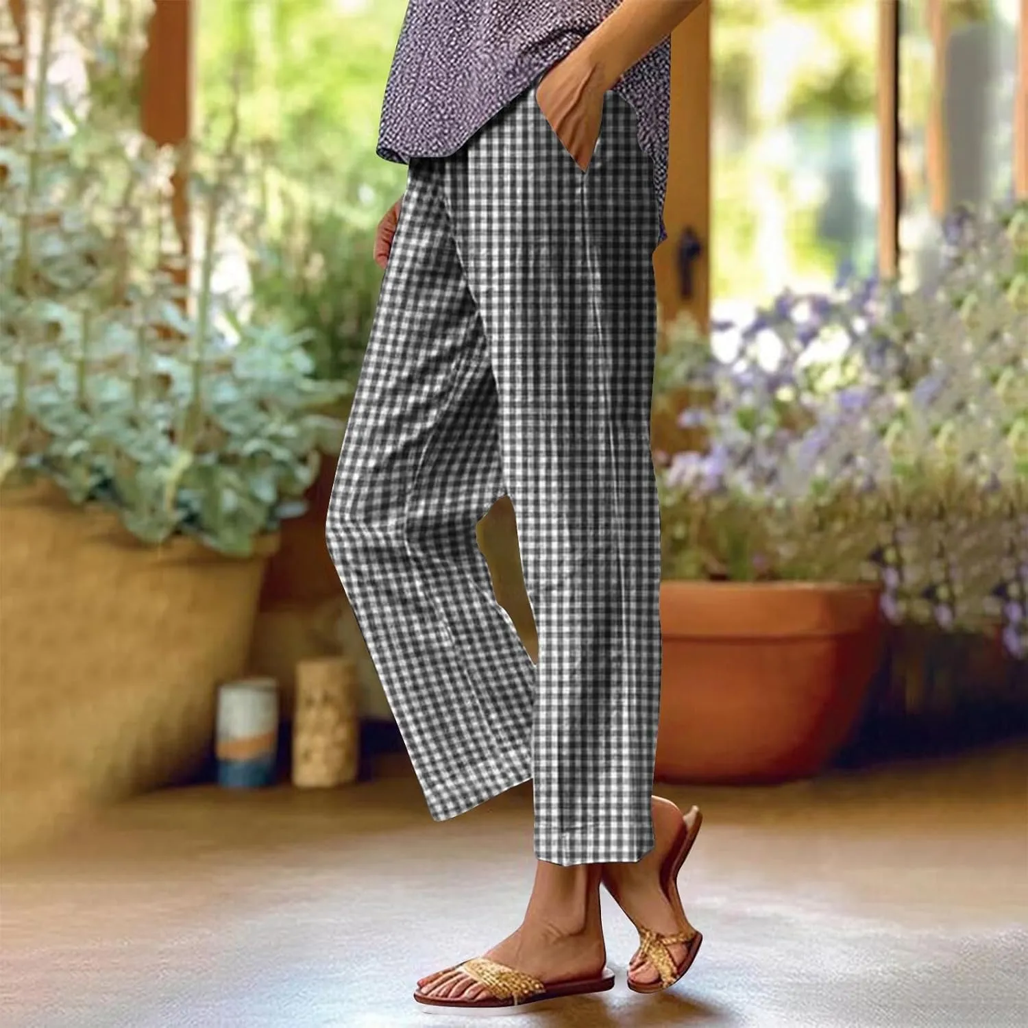 Womens Summer Pants Casual Cotton Linen Checkered Straight Leg Pants Loose Fit Work Business Long Trousers