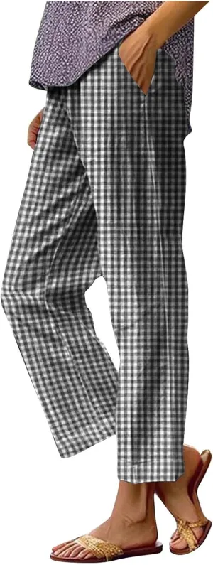 Womens Summer Pants Casual Cotton Linen Checkered Straight Leg Pants Loose Fit Work Business Long Trousers