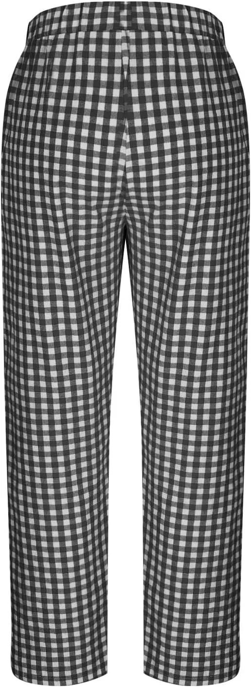 Womens Summer Pants Casual Cotton Linen Checkered Straight Leg Pants Loose Fit Work Business Long Trousers