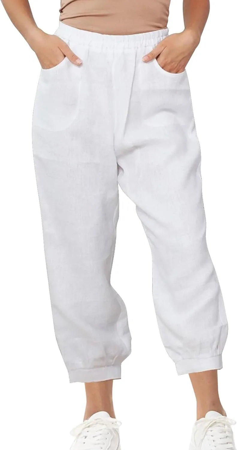Womens Summer Pants Loose Cotton Linen Wide Leg Pant High Wiast Beach Travel Vacation Lounge Trousers with Pockets