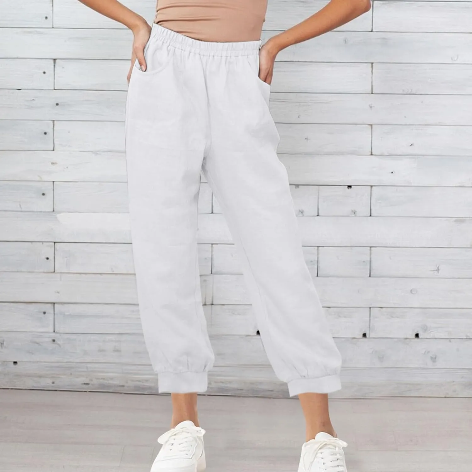 Womens Summer Pants Loose Cotton Linen Wide Leg Pant High Wiast Beach Travel Vacation Lounge Trousers with Pockets