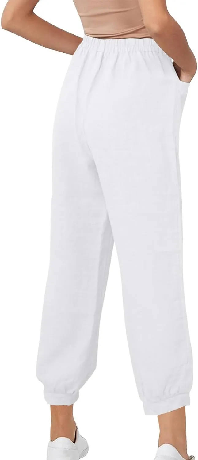 Womens Summer Pants Loose Cotton Linen Wide Leg Pant High Wiast Beach Travel Vacation Lounge Trousers with Pockets
