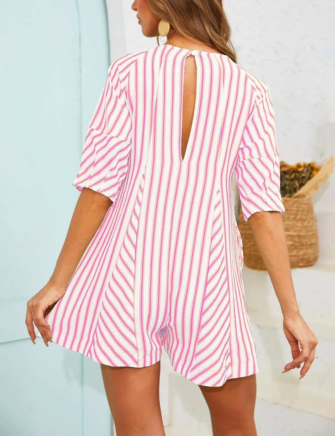 Womens Summer Striped Romper Casual Oversized Puff Sleeve Short Jumpsuits Overalls Beach Vacation Outfits