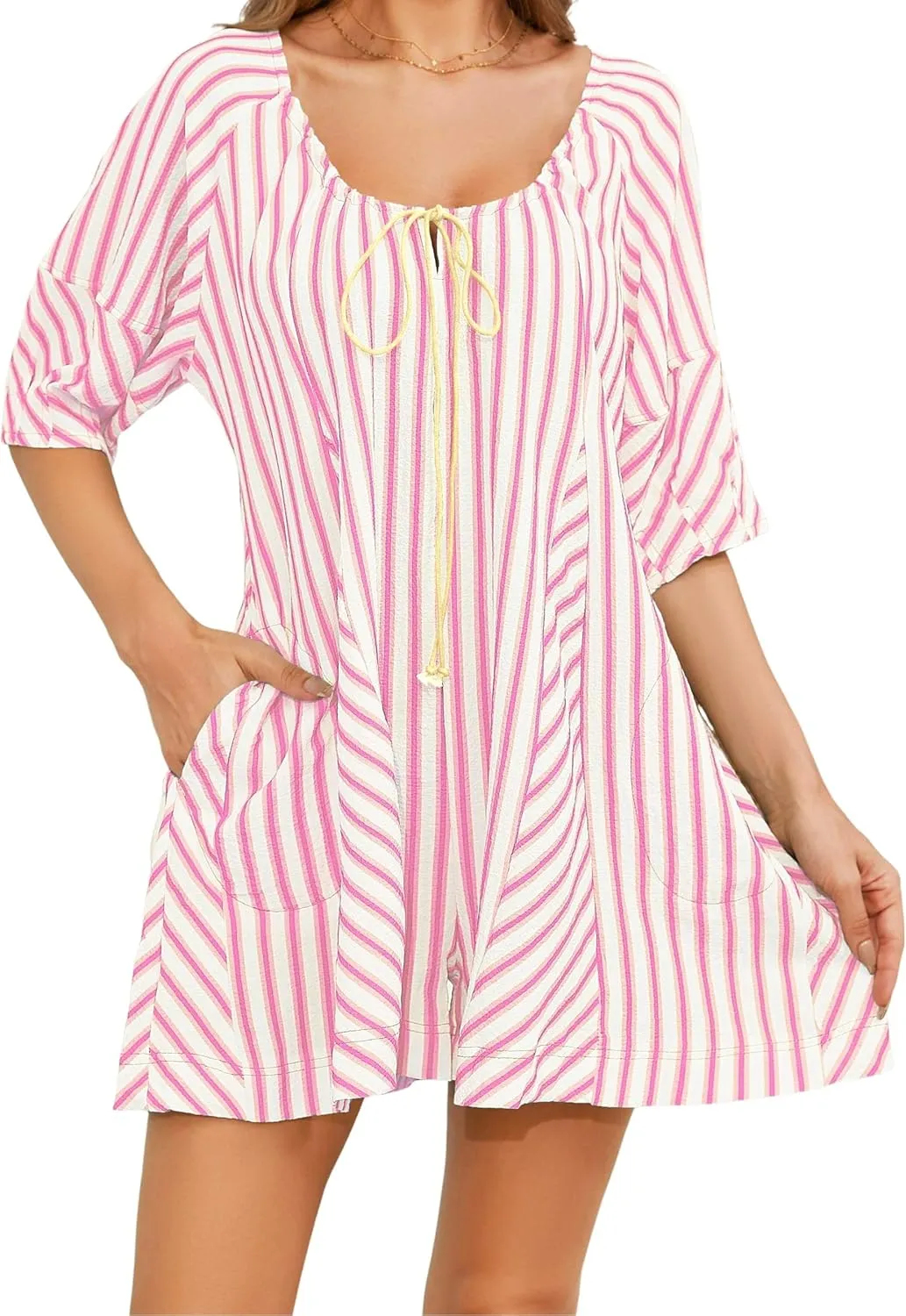 Womens Summer Striped Romper Casual Oversized Puff Sleeve Short Jumpsuits Overalls Beach Vacation Outfits