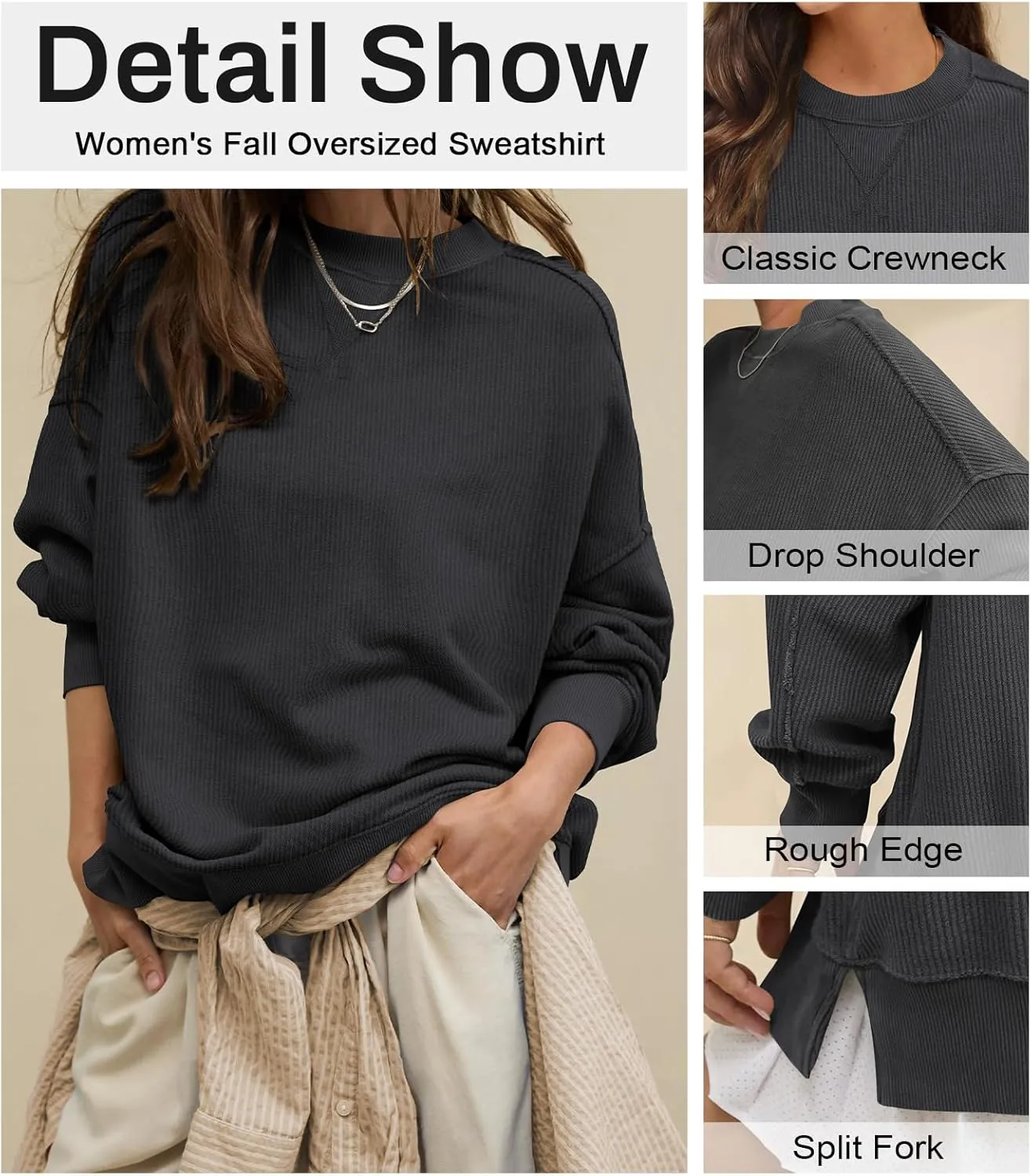Womens Sweatshirt Crewneck Corded Corduroy Sweater for Women Casual Oversized Ribbed Long Sleeve Shirt Pullover Top