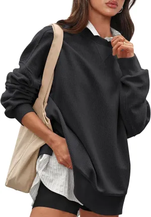 Womens Sweatshirt Crewneck Corded Corduroy Sweater for Women Casual Oversized Ribbed Long Sleeve Shirt Pullover Top