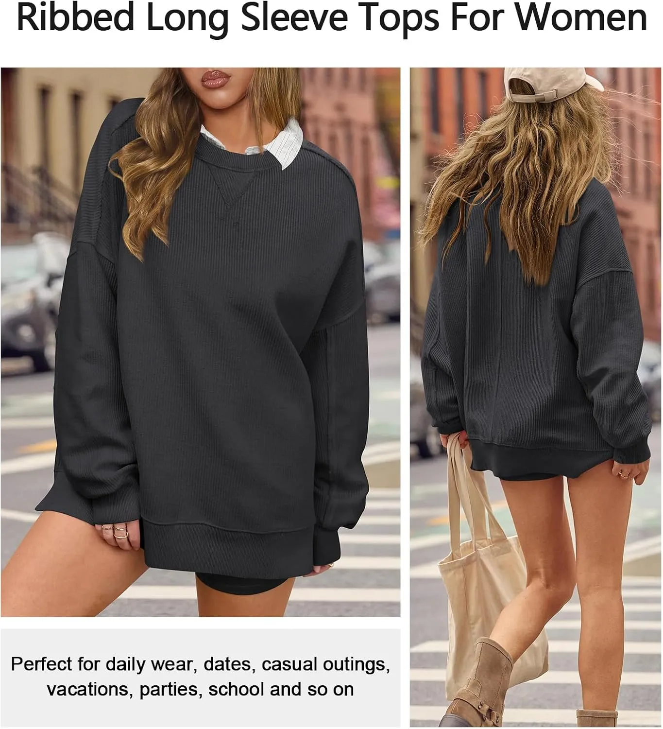 Womens Sweatshirt Crewneck Corded Corduroy Sweater for Women Casual Oversized Ribbed Long Sleeve Shirt Pullover Top