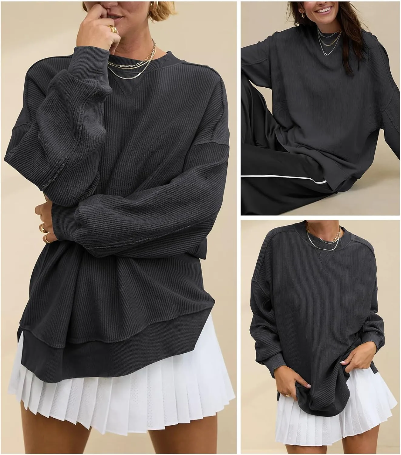 Womens Sweatshirt Crewneck Corded Corduroy Sweater for Women Casual Oversized Ribbed Long Sleeve Shirt Pullover Top