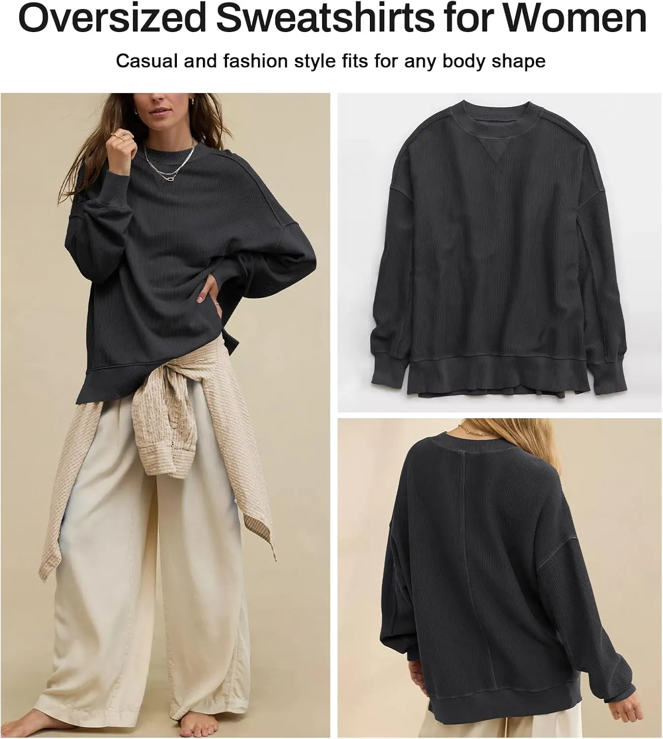 Womens Sweatshirt Crewneck Corded Corduroy Sweater for Women Casual Oversized Ribbed Long Sleeve Shirt Pullover Top