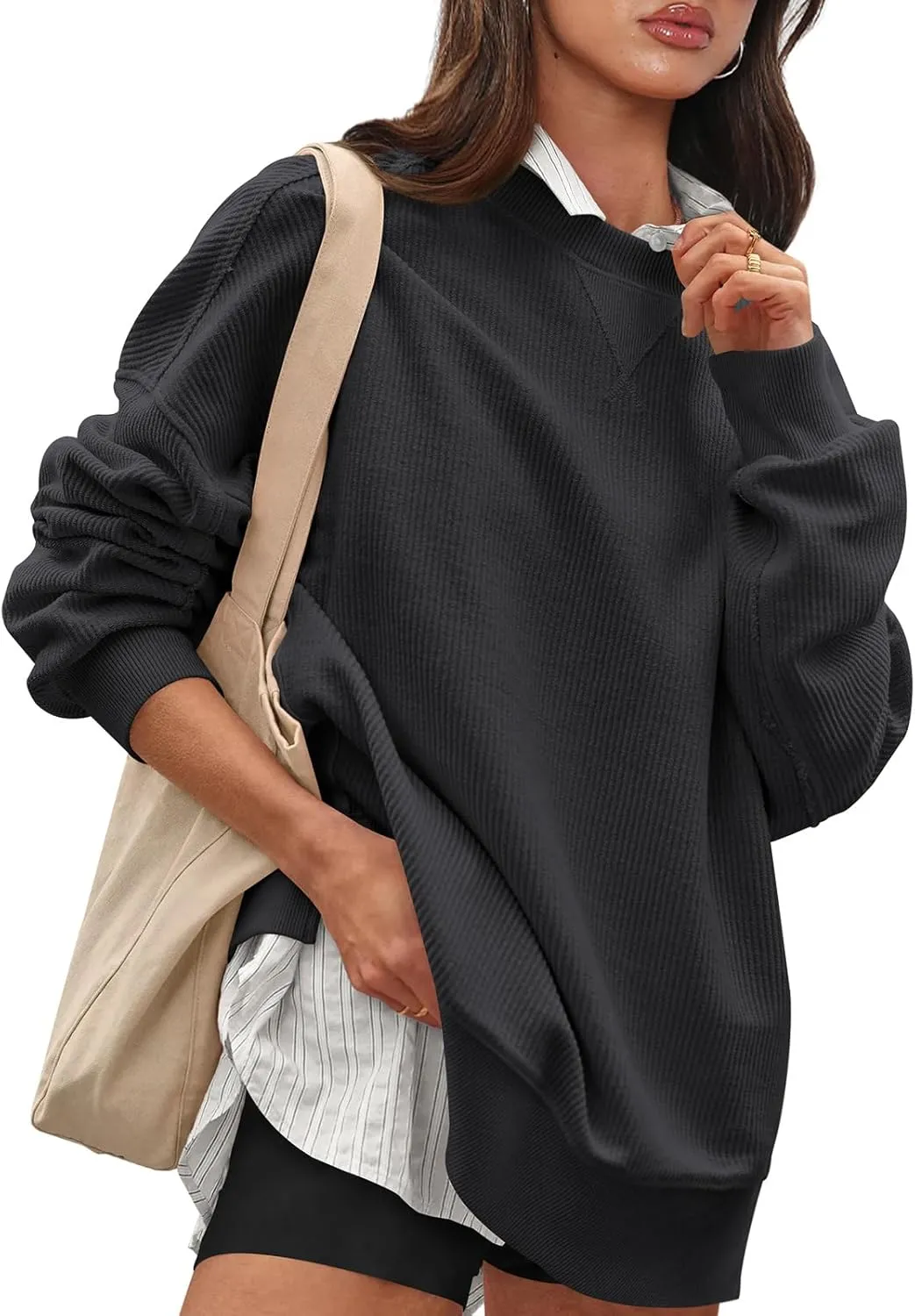 Womens Sweatshirt Crewneck Corded Corduroy Sweater for Women Casual Oversized Ribbed Long Sleeve Shirt Pullover Top