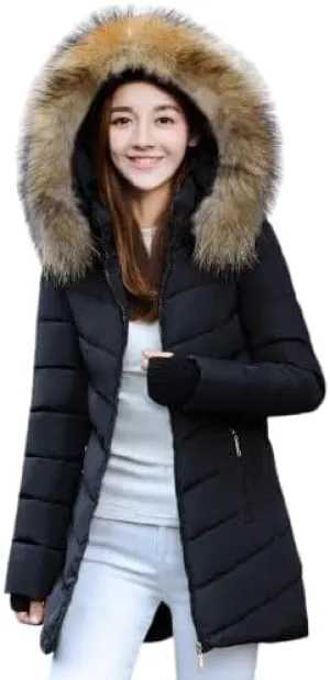 Women's Thick Lambskin Cotton Padded Coat with Fur Trim Hood, Olive Green