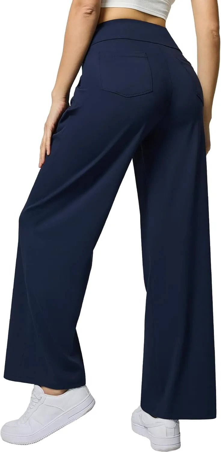 Womens Wide Leg Pants Pull On High Waist Stretch Dress Business Casual Yoga Work Pants with 5 Pockets