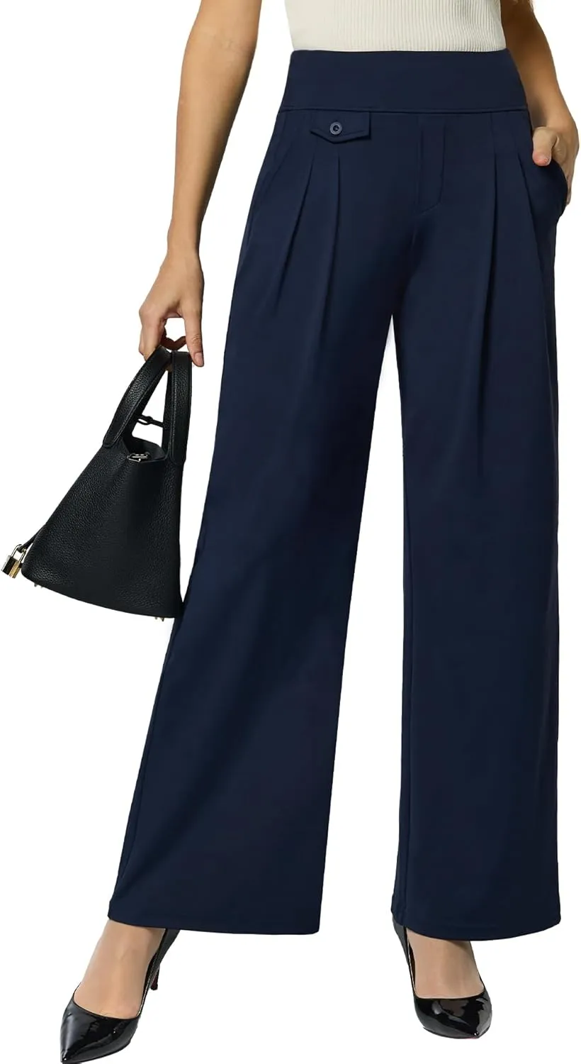 Womens Wide Leg Pants Pull On High Waist Stretch Dress Business Casual Yoga Work Pants with 5 Pockets