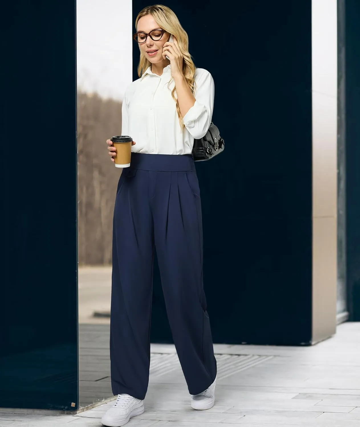 Womens Wide Leg Pants Pull On High Waist Stretch Dress Business Casual Yoga Work Pants with 5 Pockets