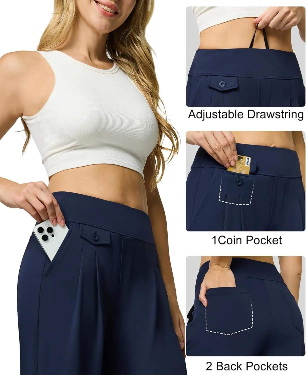 Womens Wide Leg Pants Pull On High Waist Stretch Dress Business Casual Yoga Work Pants with 5 Pockets