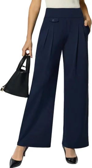Womens Wide Leg Pants Pull On High Waist Stretch Dress Business Casual Yoga Work Pants with 5 Pockets