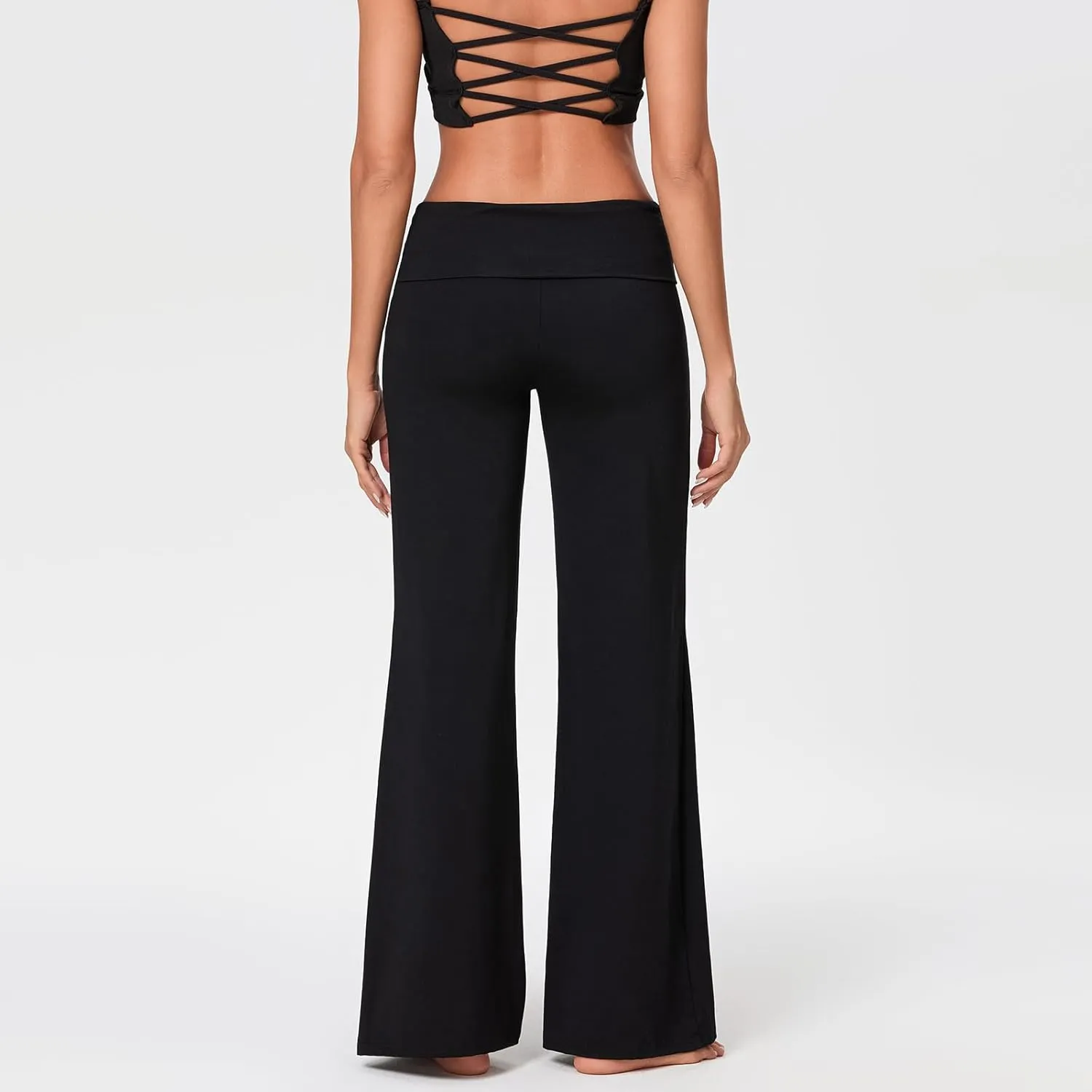 Womens Y2k Flare Leggings Fold Over Yoga Pants Wide Leg Beach Pants Foldover Waist Bootcut Sweatpants Bell Bottom