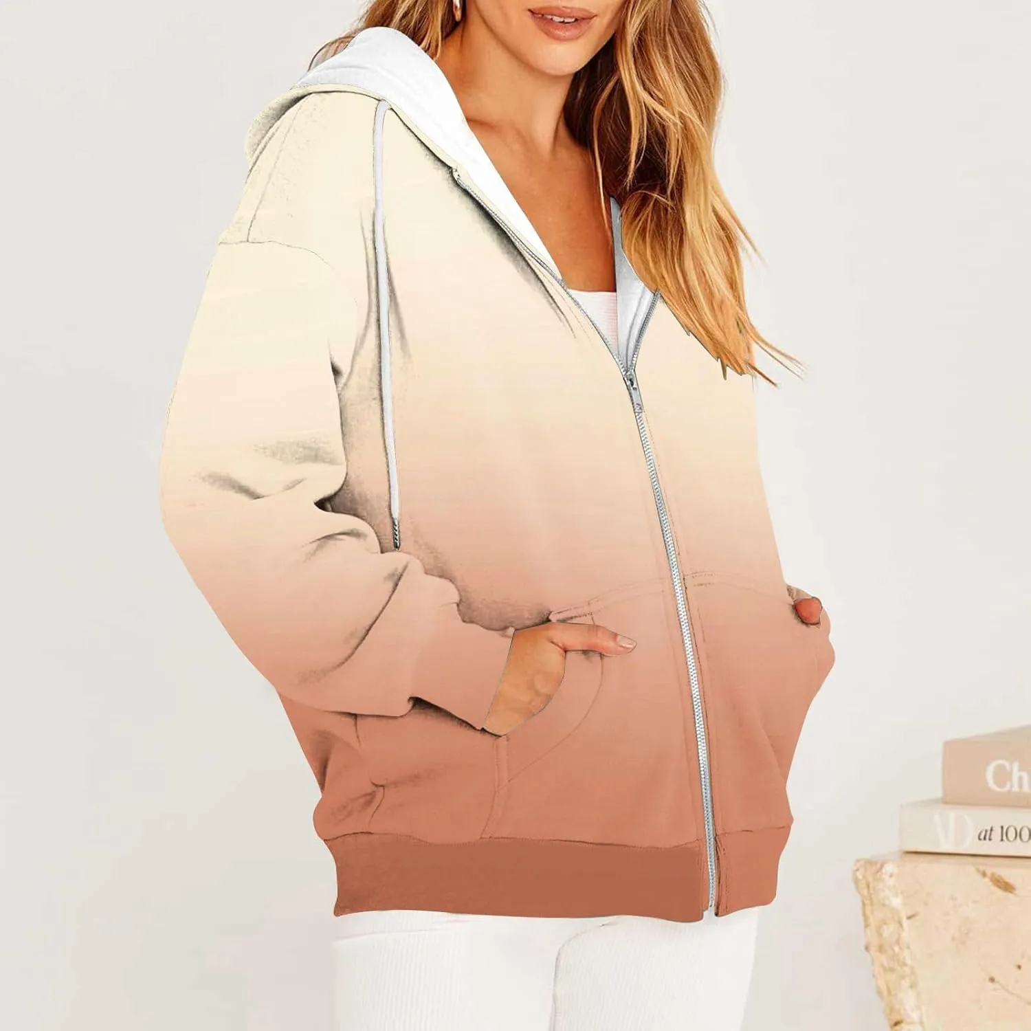 Womens Zip Up Hoodies Sherpa Lined Fleece Thermal Jacket Full Zip Long Sleeve Sweatshirts Gradient Color Shirts Coat