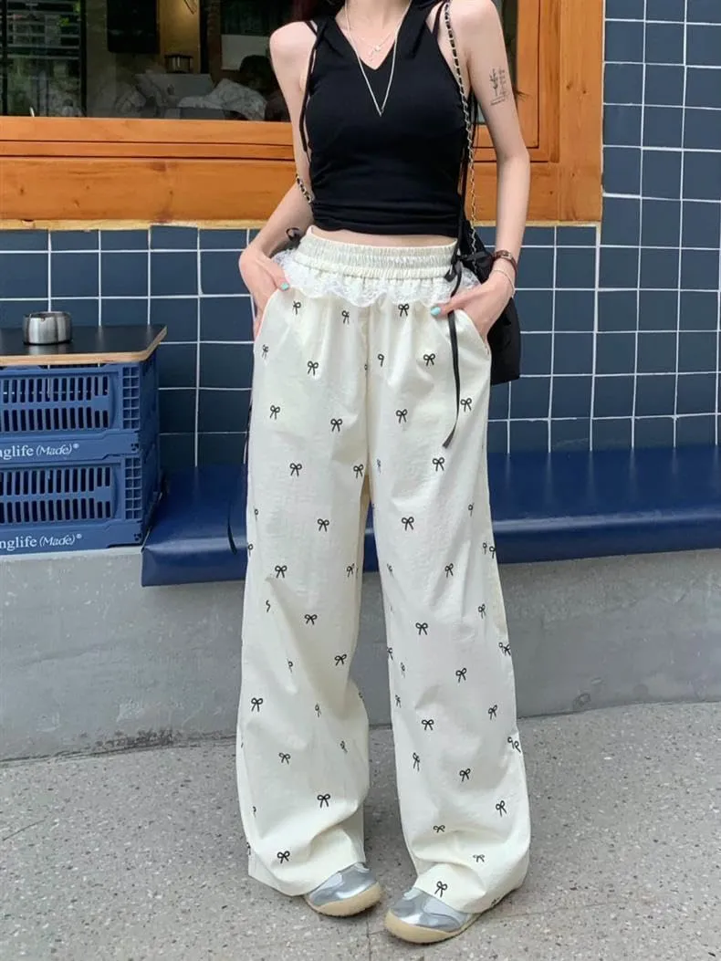 Y2K Wide Leg Pants for Women Cute Bow Print Casual Trousers Pants High Waist Loose Fit Pants Stylish