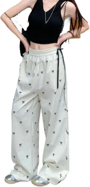 Y2K Wide Leg Pants for Women Cute Bow Print Casual Trousers Pants High Waist Loose Fit Pants Stylish