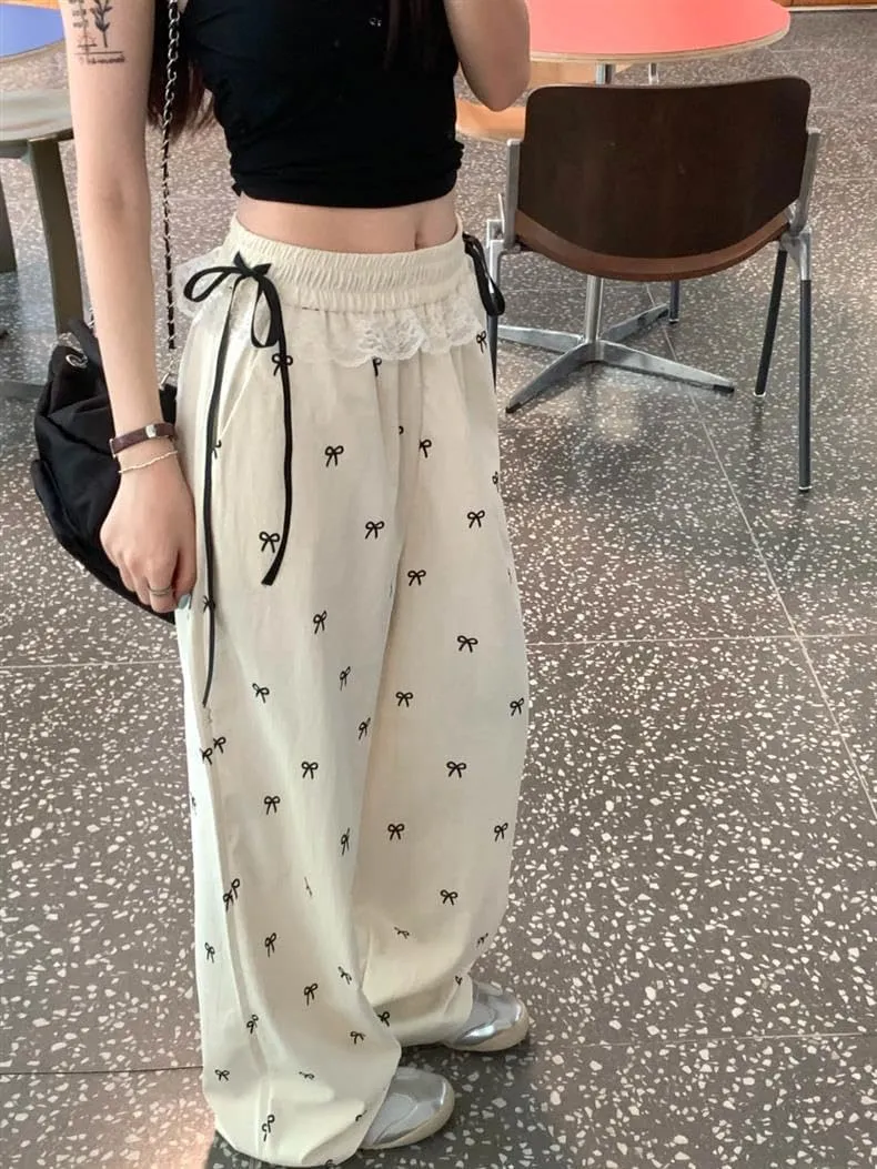 Y2K Wide Leg Pants for Women Cute Bow Print Casual Trousers Pants High Waist Loose Fit Pants Stylish