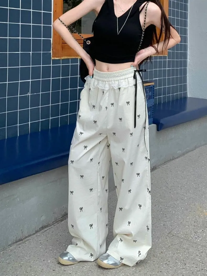 Y2K Wide Leg Pants for Women Cute Bow Print Casual Trousers Pants High Waist Loose Fit Pants Stylish