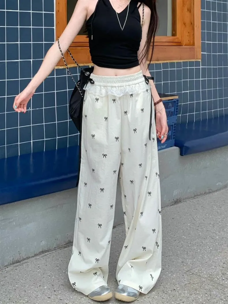 Y2K Wide Leg Pants for Women Cute Bow Print Casual Trousers Pants High Waist Loose Fit Pants Stylish