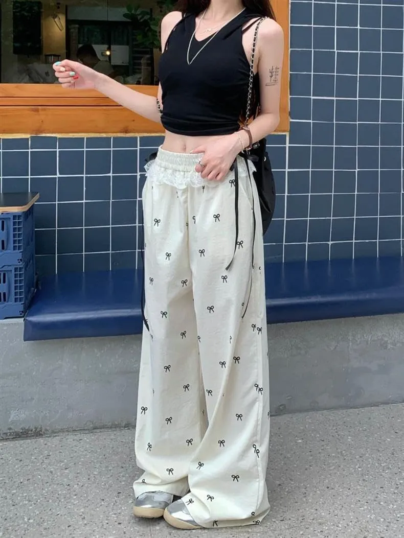 Y2K Wide Leg Pants for Women Cute Bow Print Casual Trousers Pants High Waist Loose Fit Pants Stylish
