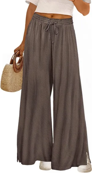 YESNO Women's Wide Leg Woolen Pants Fall Elastic High Waist Casual Palazzo Trousers with Pockets and Side Split PW0